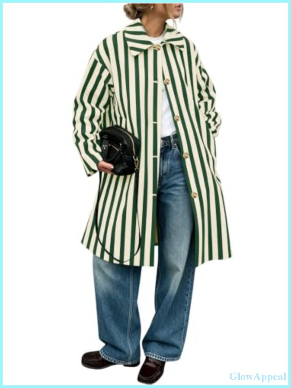 Womens Oversized Striped Long Trench Coat Windproof Fall Overcoat Button